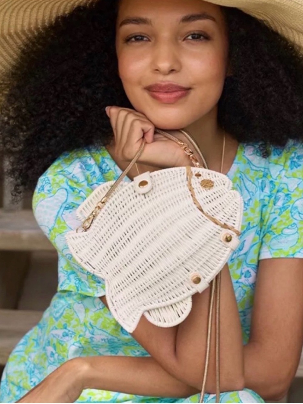 Lilly Pulitzer Wicker Fish Crossbody Bag White Gold NWOT *